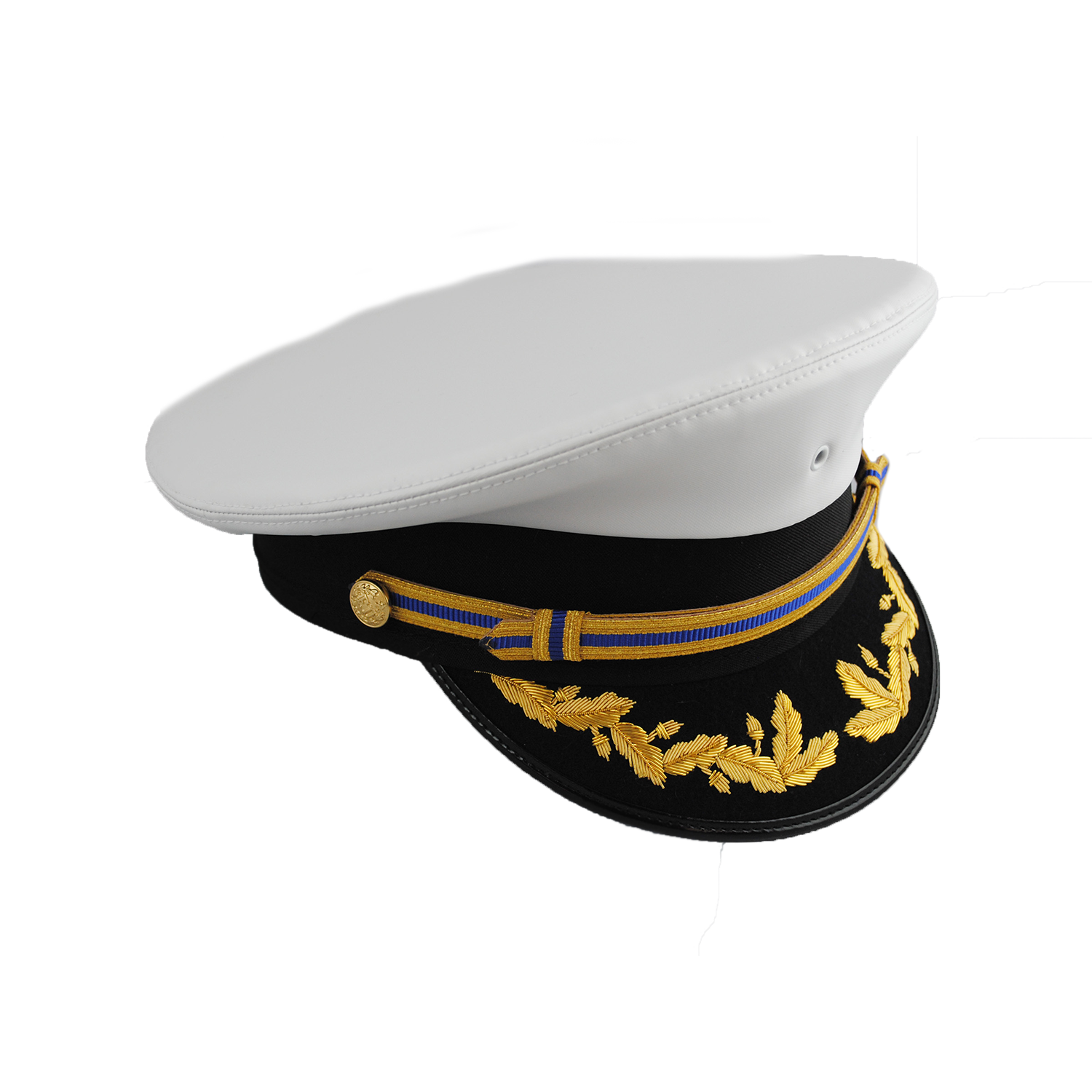 White Naval Cap - Scrambled Eggs Visor with Gold/Blue (EMS) Lace